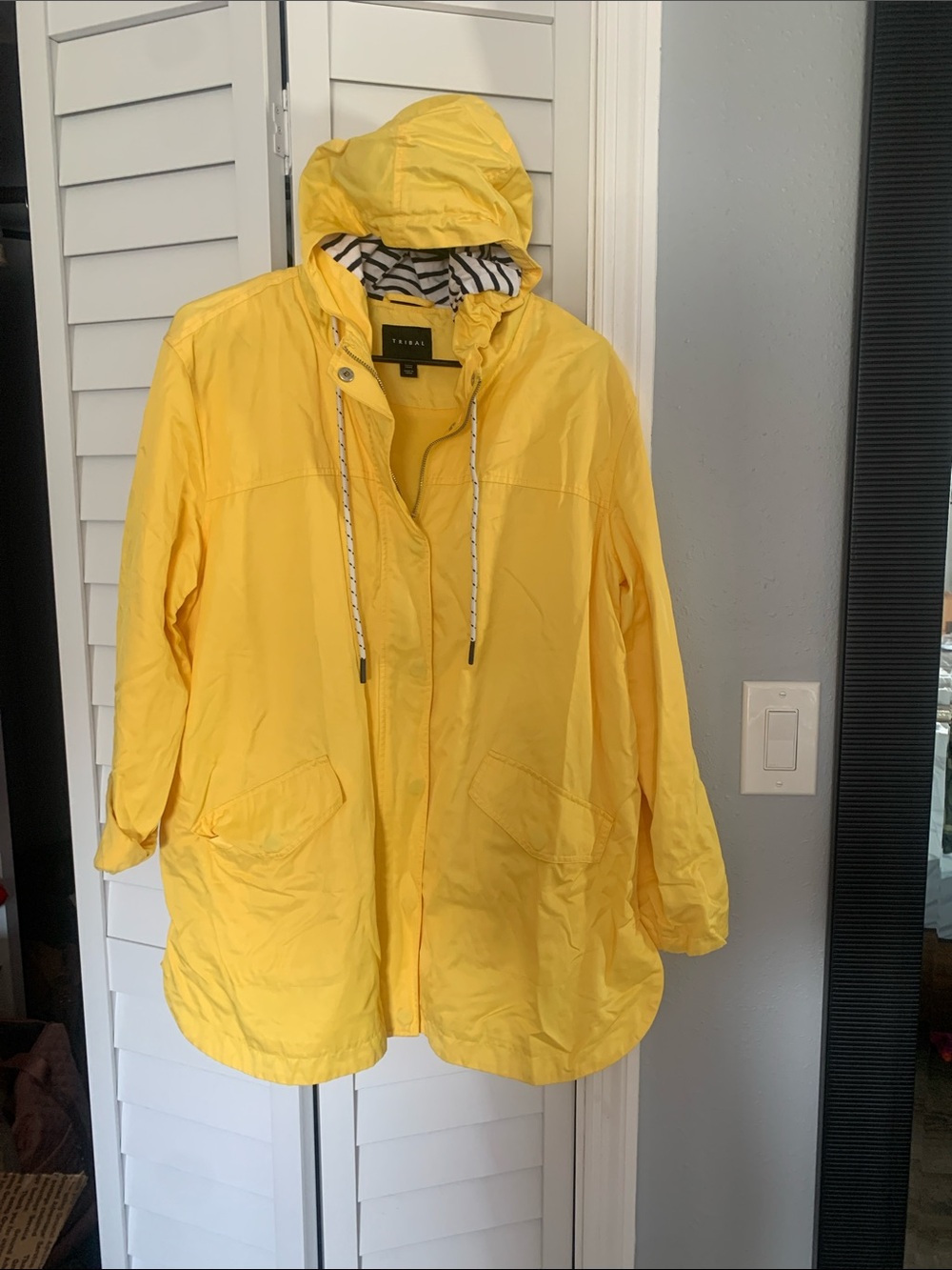 Tribal Yellow Hooded Trench Coat with Stripe-Lined Hood
